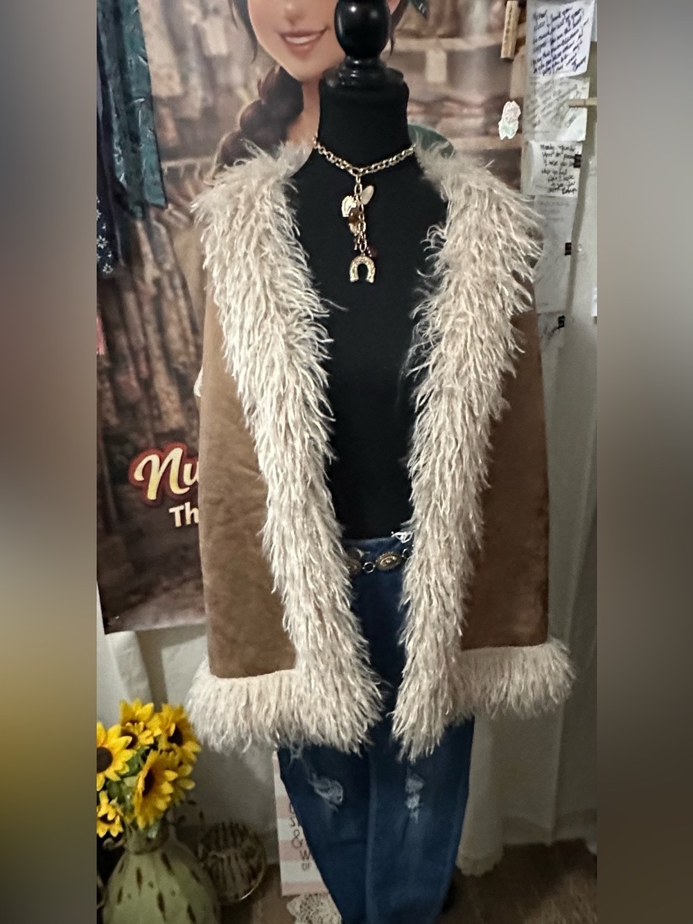 Faux Suede Vest with Shearling Trim - Taupe